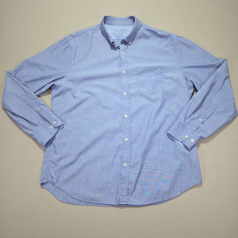 Banana Republic Luxe Poplin Palm Tree‎ Print Button Down Blue Shirt Men's XL